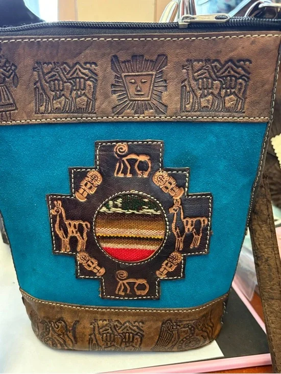 Handcrafted Peruvian Handcrafted Turquoise & Brown Embossed Crossbody Bag - Picture 12 of 12